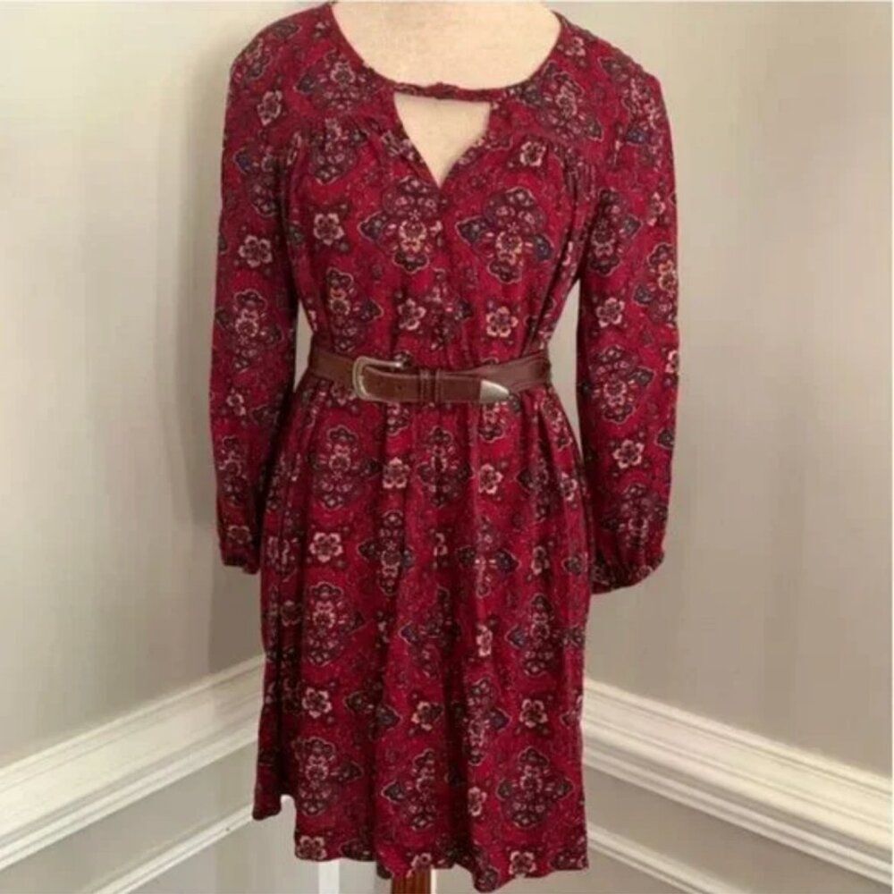 American Eagle Maroon Floral Babydoll Boho Dress Size Small